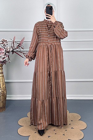 Çizgili Keten Elbise - Kahverengi