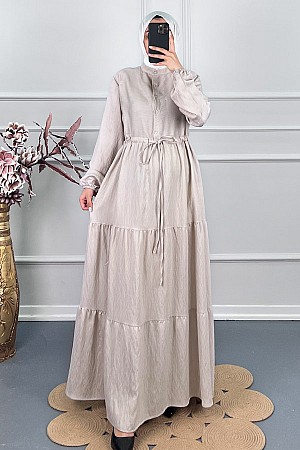 Çizgili Keten Elbise - Krem