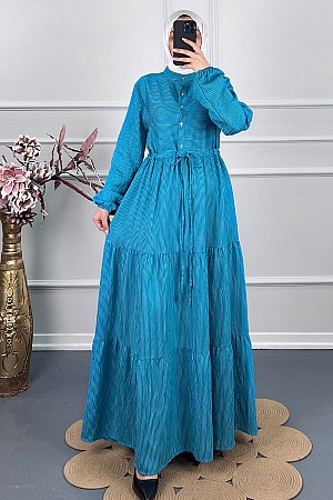 Çizgili Keten Elbise - Mavi