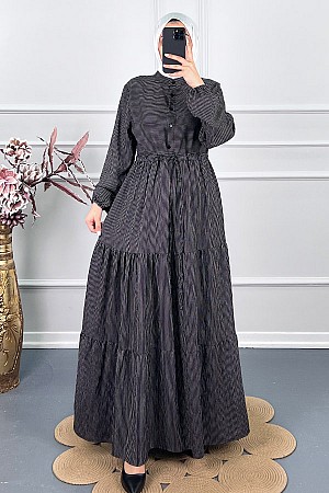 Çizgili Keten Elbise - Siyah