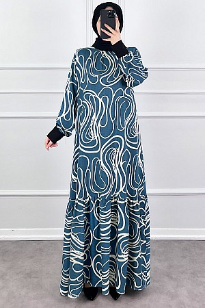 Desenli Ribanalı Viskon Elbise - İndigo