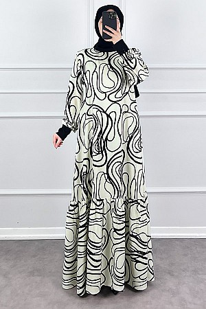 Desenli Ribanalı Viskon Elbise - Krem