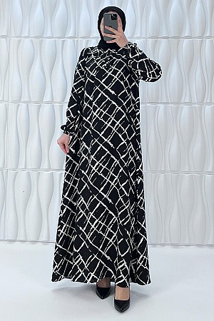 Desenli Tesettür Elbise - Siyah