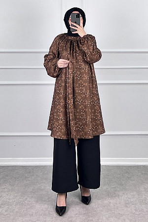 Desenli Tesettür Takım - Camel