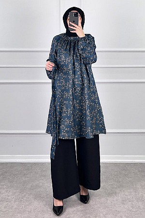Desenli Tesettür Takım - Lacivert