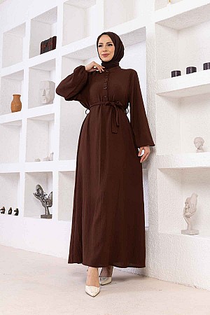 Düğmeli Ayrobin Kumaş Elbise - Kahverengi