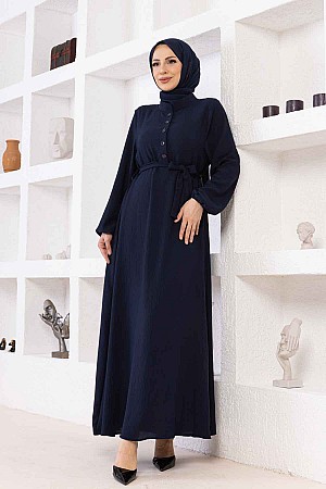 Düğmeli Ayrobin Kumaş Elbise - Lacivert