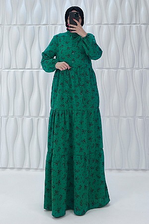 Düğmeli Bağlamalı Tesettür Elbise - Çam Yeşili
