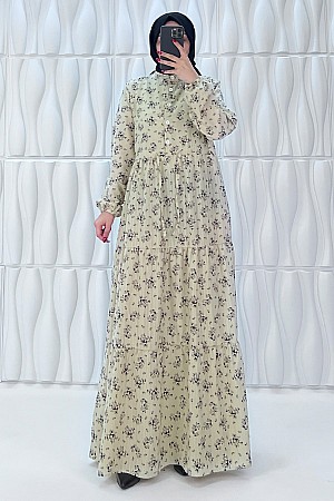 Düğmeli Bağlamalı Tesettür Elbise - Sedef Beyaz