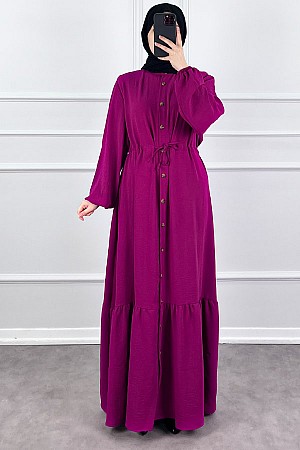 Düğmeli Bağlamalı Ferace Elbise - Fuşya