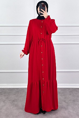 Düğmeli Bağlamalı Ferace Elbise - Kırmızı