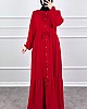 Düğmeli Bağlamalı Ferace Elbise - Kırmızı