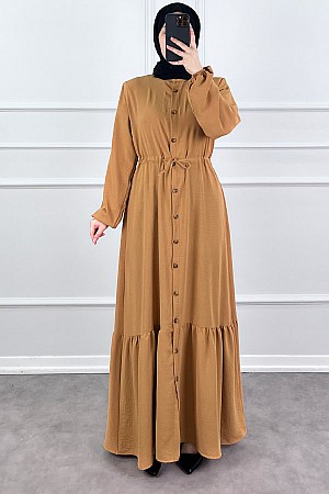 Düğmeli Bağlamalı Ferace Elbise - Vizon