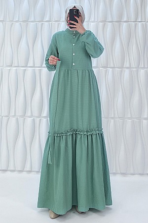 Düğmeli Fırfır Detaylı Elbise - Mint Düğmeli Fırfır Detaylı Elbise - Mint