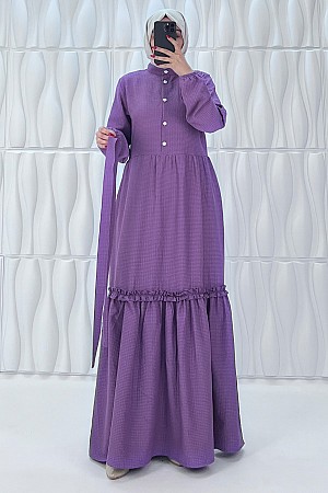Düğmeli Fırfır Detaylı Elbise - Mor Düğmeli Fırfır Detaylı Elbise - Mor