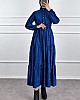 Düğmeli Kadife Elbise - Mavi Düğmeli Kadife Elbise - Mavi