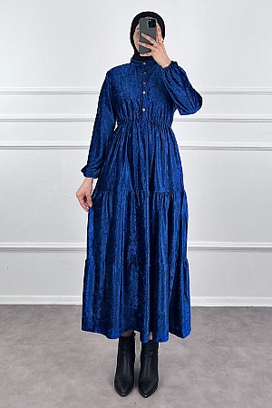 Düğmeli Kadife Elbise - Mavi Düğmeli Kadife Elbise - Mavi