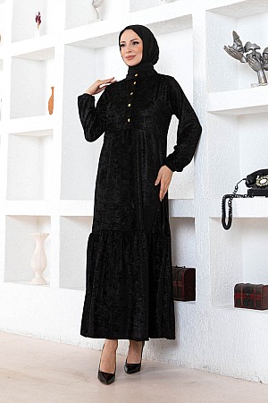Düğmeli Kadife Elbise - Siyah Düğmeli Kadife Elbise - Siyah