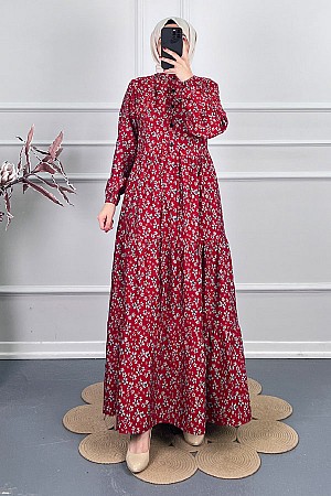 Düğmeli Kuşaklı Tensel Elbise - Kırmızı