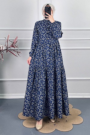 Düğmeli Kuşaklı Tensel Elbise - Lacivert