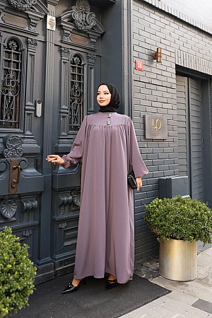 Düğmeli Robadan Medine İpeği Elbise - Antrasit
