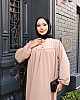 Düğmeli Robadan Medine İpeği Elbise - Bej