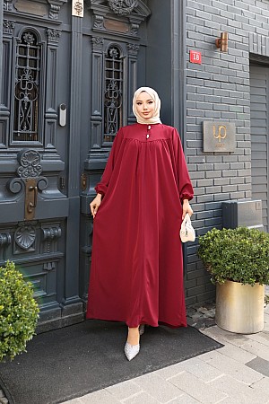 Düğmeli Robadan Medine İpeği Elbise - Kırmızı