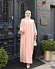 Düğmeli Robadan Medine İpeği Elbise - Pudra