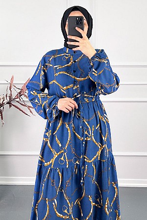 Düğmeli Zincir Desenli Elbise - Mavi