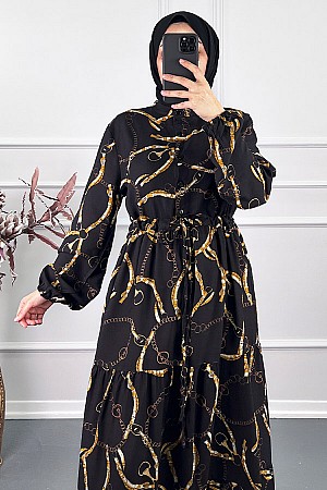 Düğmeli Zincir Desenli Elbise - Siyah