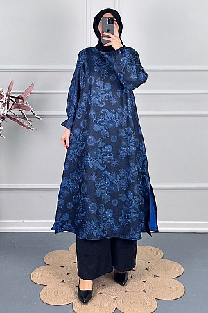 Ebru Desenli Uzun Tunik - Mavi