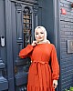 Eteği Fırfırlı Keten Kumaş Elbise - Turuncu