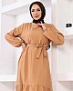 Eteği Fırfırlı Krep Kumaş Elbise - Taba