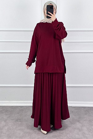 Eteği Piliseli İkili Takım - Bordo Eteği Piliseli İkili Takım - Bordo