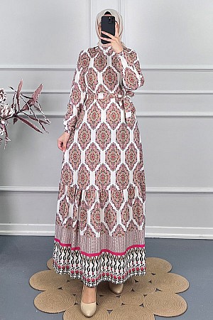 Etnik Desen Keten Elbise - Fuşya