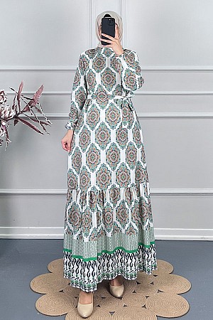 Etnik Desen Keten Elbise - Yeşil