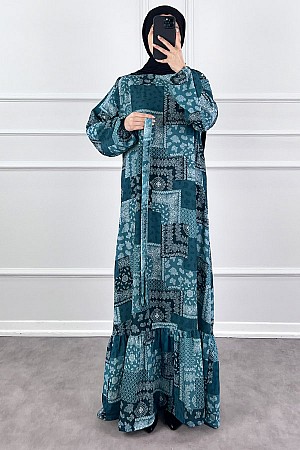 Etnik Desen Tesettür Elbise - Çam Yeşili