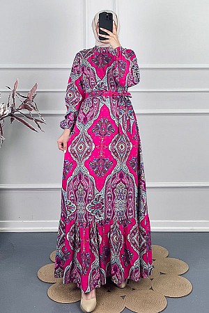 Etnik Desen Viskon Elbise - Fuşya