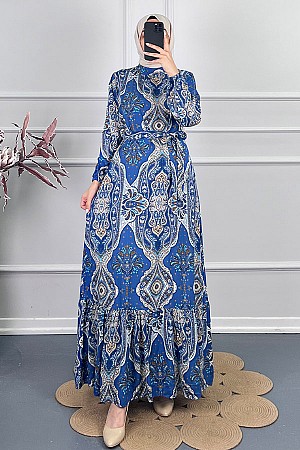 Etnik Desen Viskon Elbise - Mavi Etnik Desen Viskon Elbise - Mavi