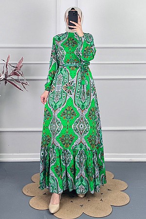 Etnik Desen Viskon Elbise - Yeşil