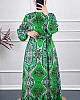 Etnik Desen Viskon Elbise - Yeşil