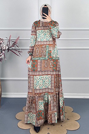 Etnik Desenli Elbise - Kahverengi