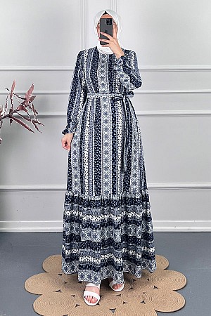 Etnik Desenli Kışlık Süet Elbise - Lacivert