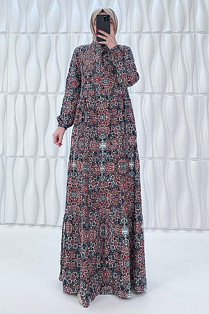 Etnik Desenli Pamuk Viskon Elbise - Bordo Etnik Desenli Pamuk Viskon Elbise - Bordo