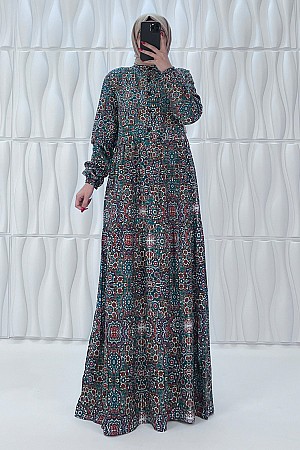 Etnik Desenli Pamuk Viskon Elbise - Haki Etnik Desenli Pamuk Viskon Elbise - Haki