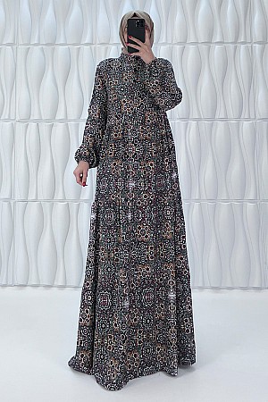 Etnik Desenli Pamuk Viskon Elbise - Siyah