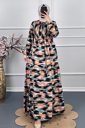 Fırça Desenli Elbise - Yeşil