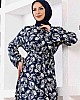 Fırça Desenli Pamuk Viskon Elbise - Lacivert