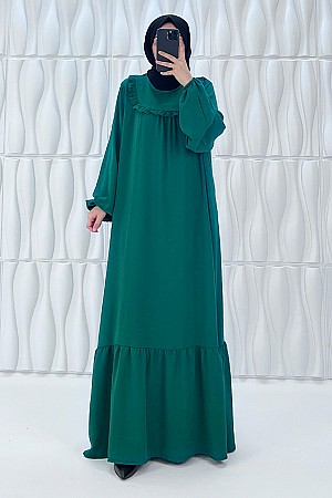 Fırfır Detaylı Ayrobin Kumaş Elbise - Çam Yeşili