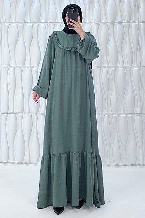 Fırfır Detaylı Ayrobin Kumaş Elbise - Füme